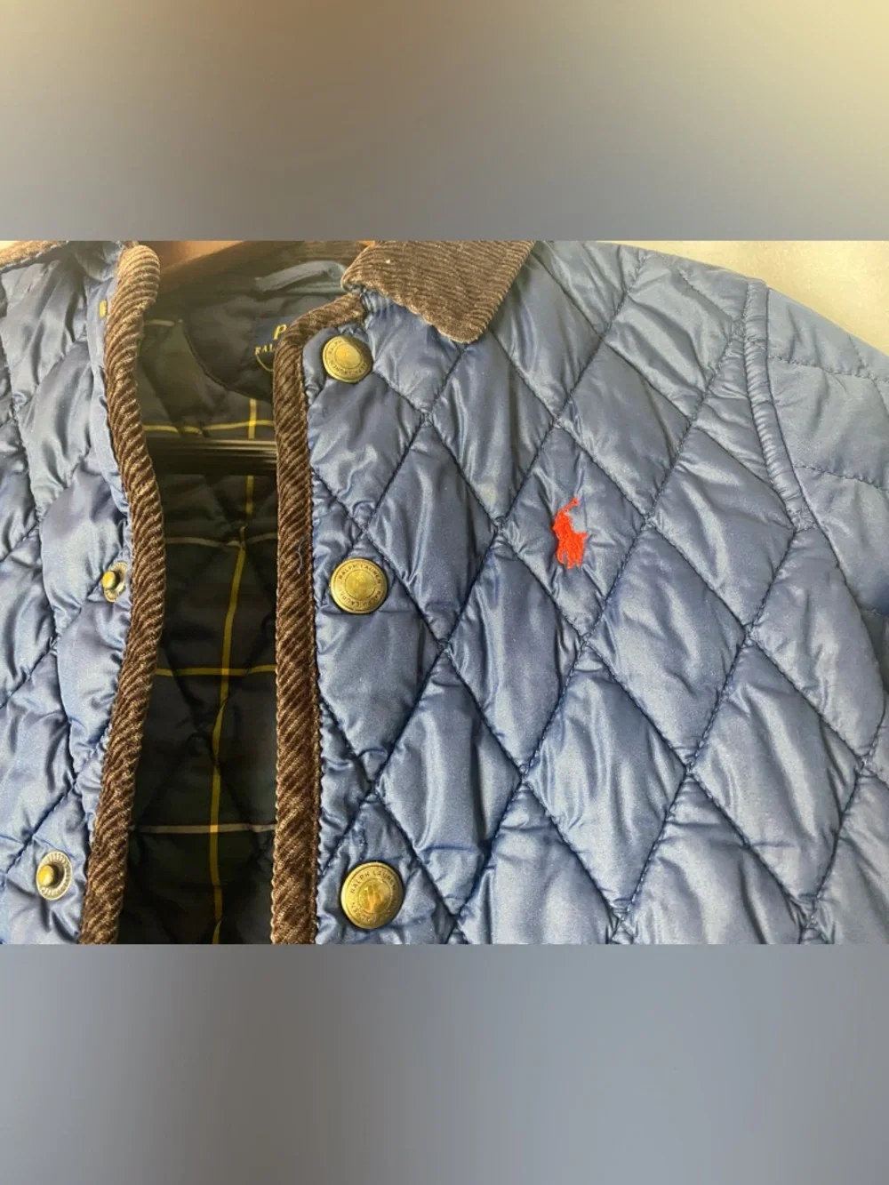 Ralph Lauren Navy Quilted Preppy Barn Jacket Brown Corduroy Trim Plaid Lining 3